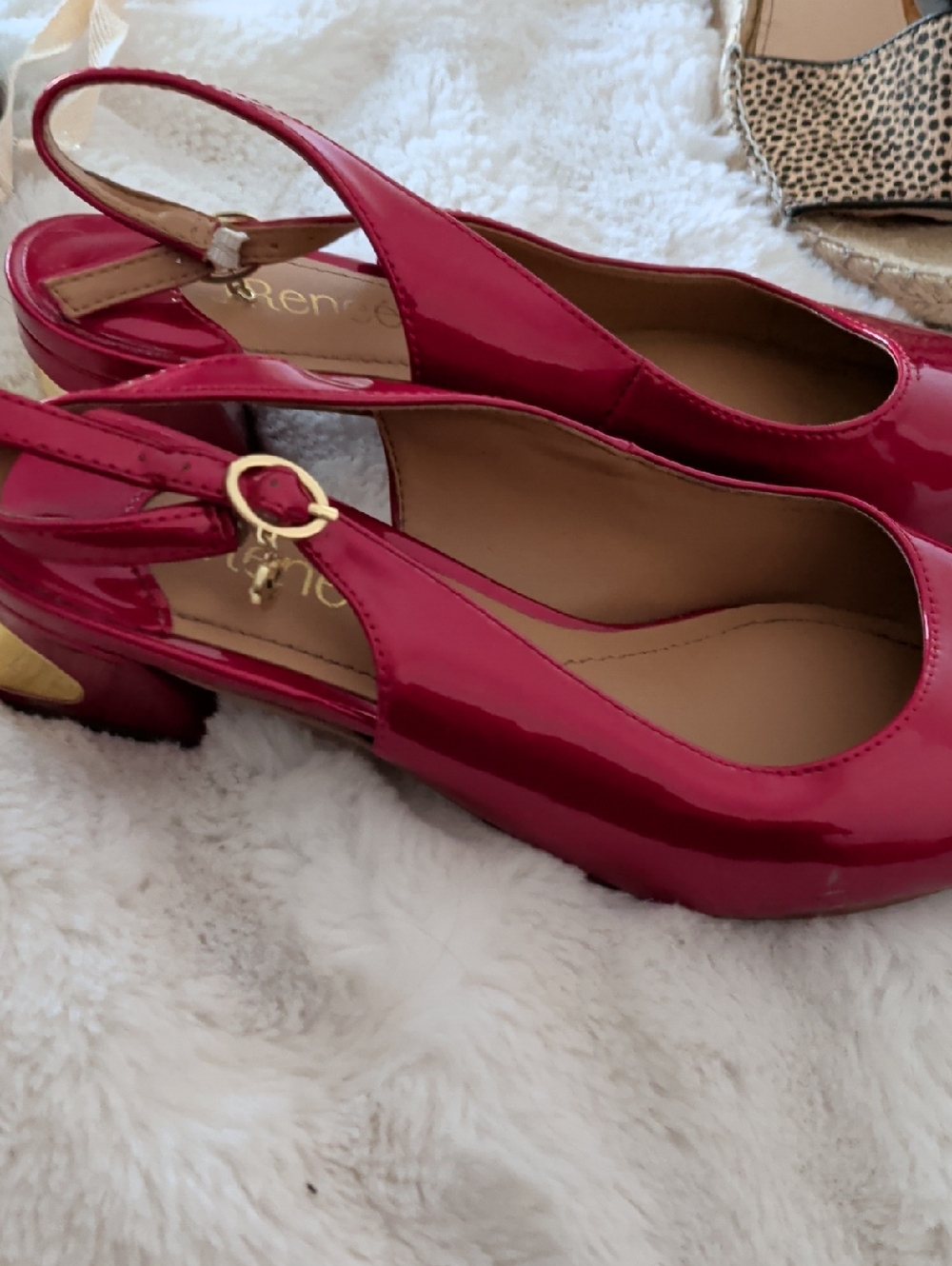J. Reneé Patent Raspberry Slingback Pumps with Gold Accent